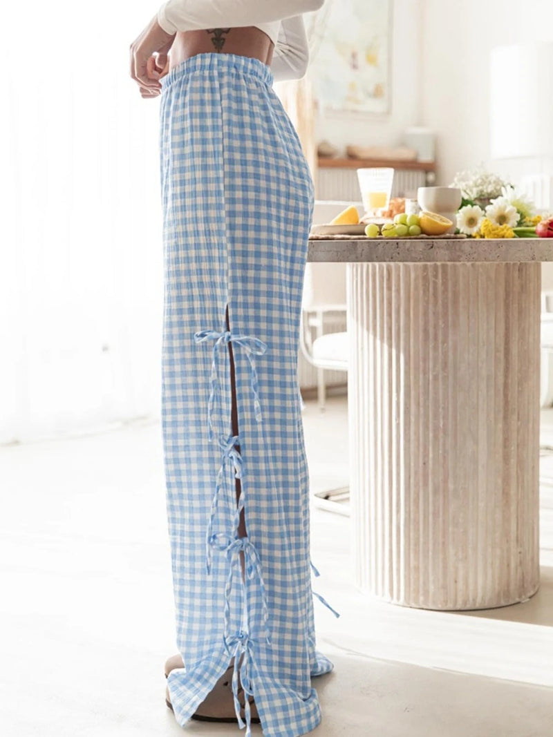 Blue Gingham Wide-Leg Pants with Side Tie Details