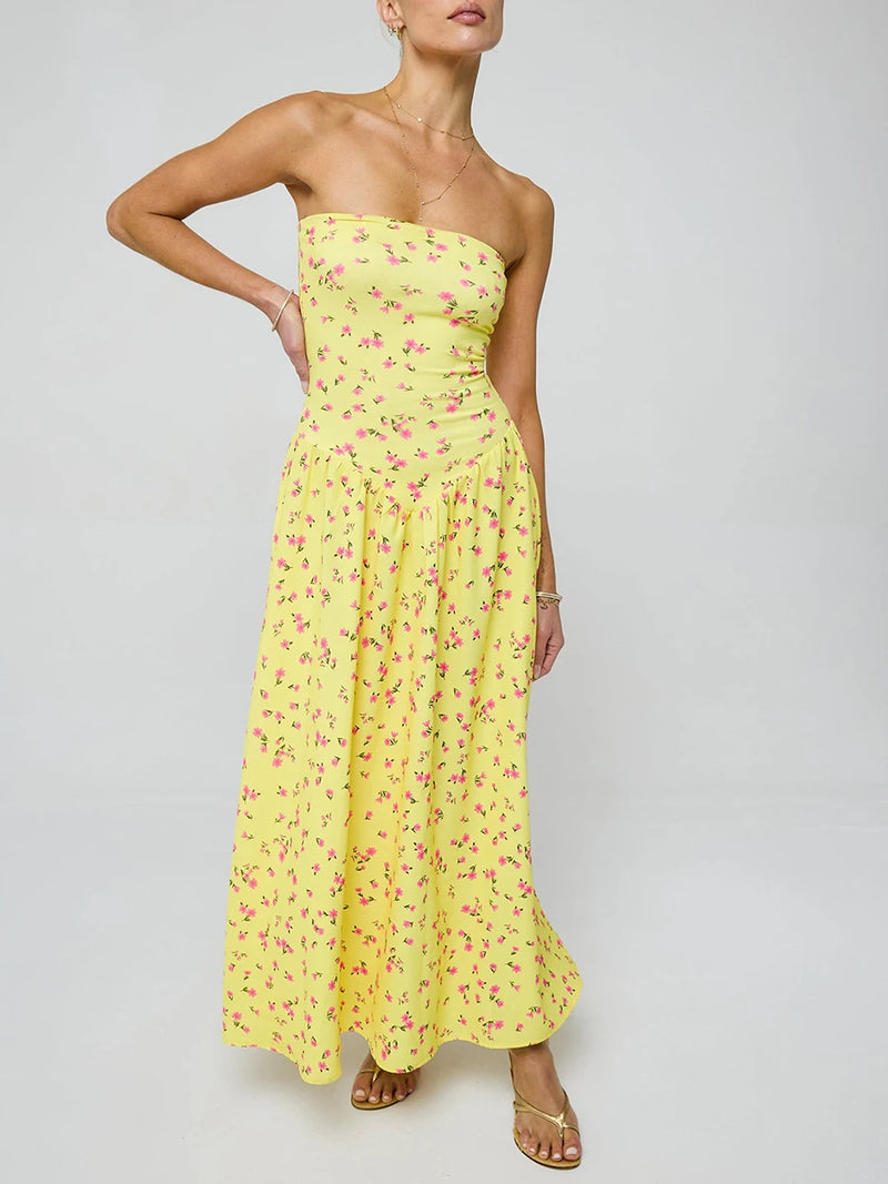 Rovioo Floral Strapless Maxi Dress