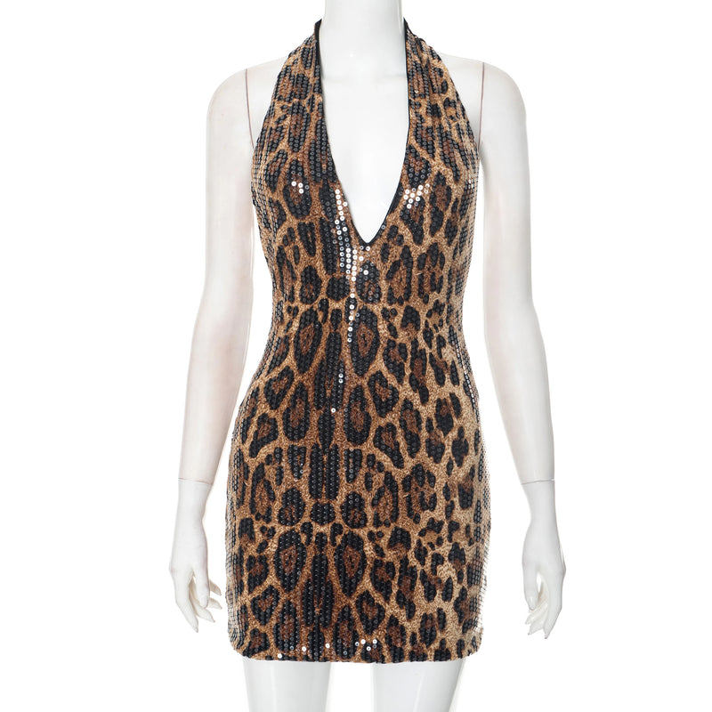 ROVIOO CUTENOVA Sparkle Leopard Print Halter Mini Dress