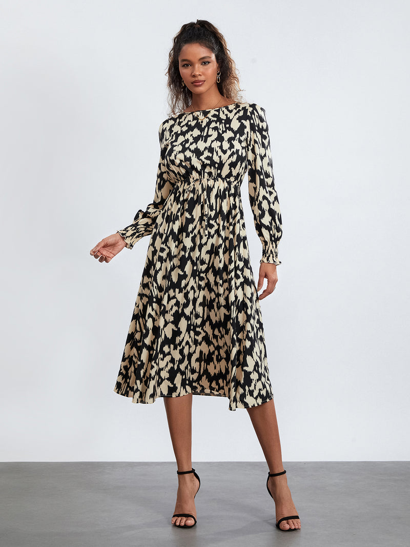 Rovioo Abstract Print Tie-Waist Midi Dress