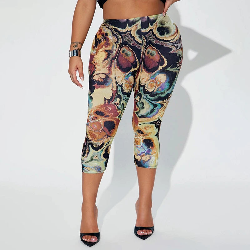 ROVIOO CUTENOVA Women'S Sexy Skinny Abstract Pattern Printed Elastic High Waisted Hip Wrap Elastic Seven Points Casual Sporty Pants