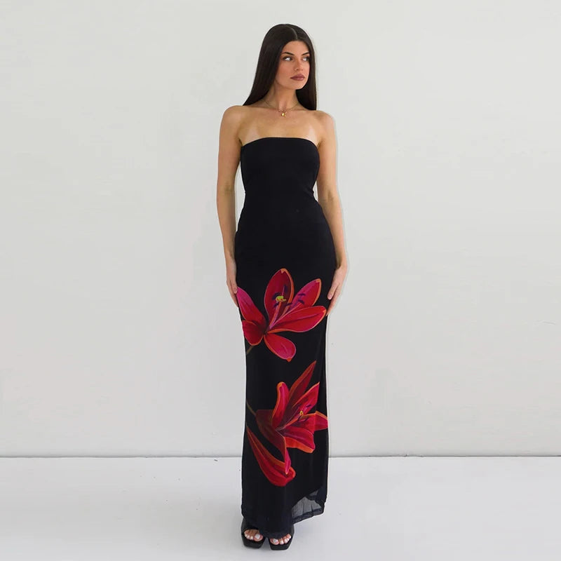 Rovioo Dulzura - Elegant Floral Strapless Maxi Dress
