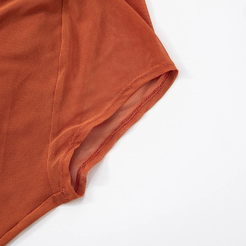 ROVIOO CUTENOVA Women'S Sexy Half High Neck Short Sleeve Chest Wear Rope Hollow Out Lace-Up Patchwork Mesh Yarn Pleated Short Dresses