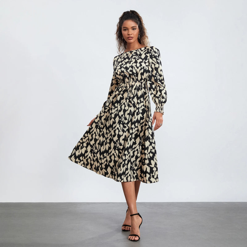 Rovioo Abstract Print Tie-Waist Midi Dress