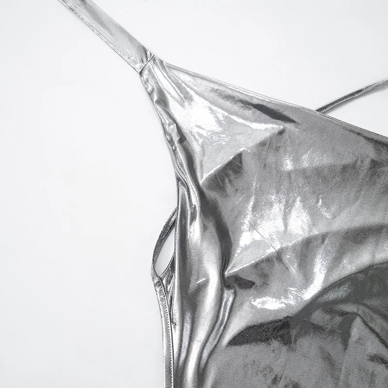 ROVIOO CUTENOVA Metallic Silver Halter Mini Dress