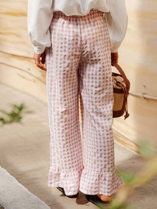 Pink Gingham Flare Pants with Ruffle Hem
