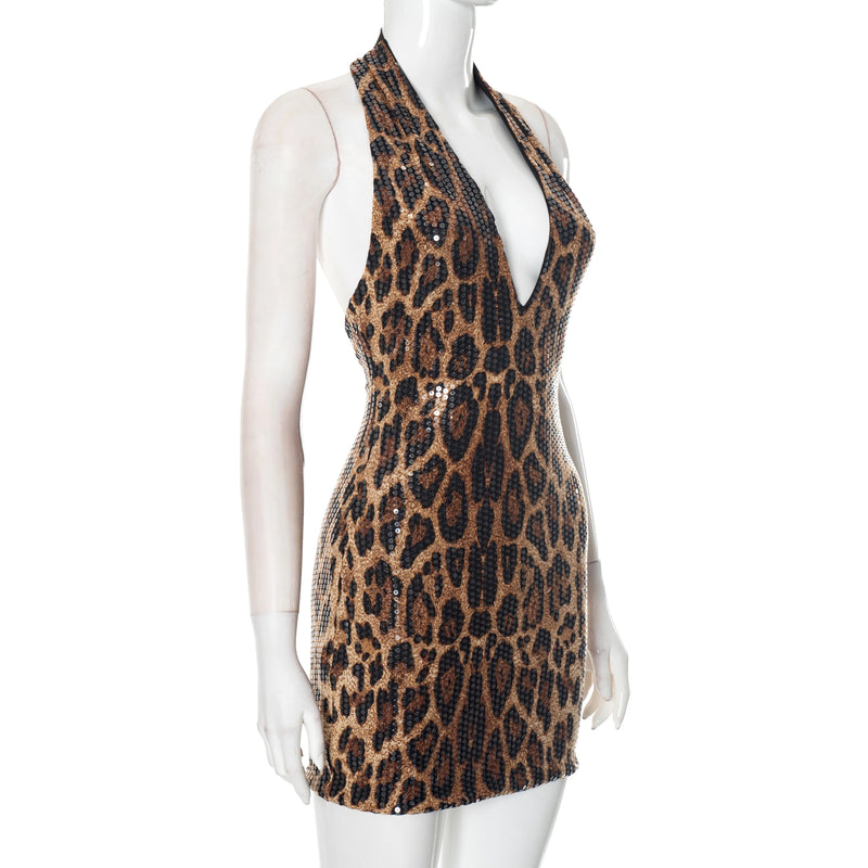 ROVIOO CUTENOVA Sparkle Leopard Print Halter Mini Dress