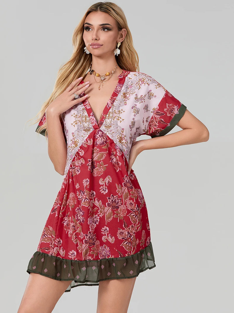 Rovioo Bohemian Floral Print Mini Dress