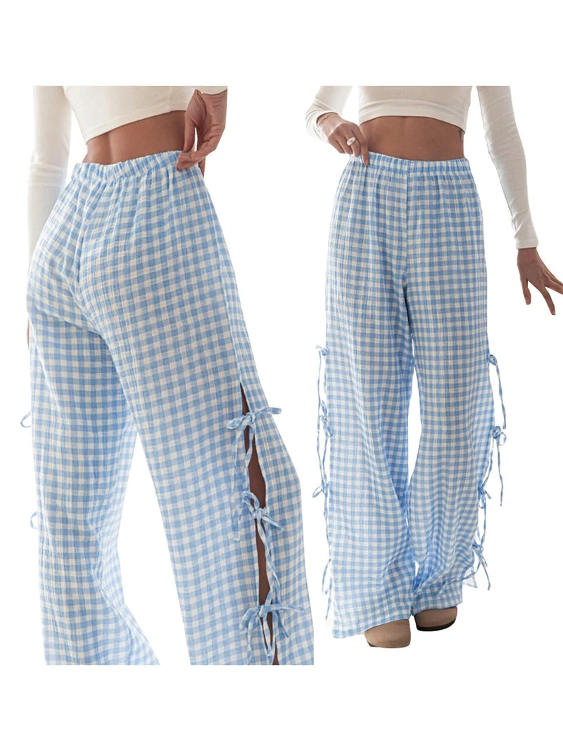 Blue Gingham Wide-Leg Pants with Side Tie Details