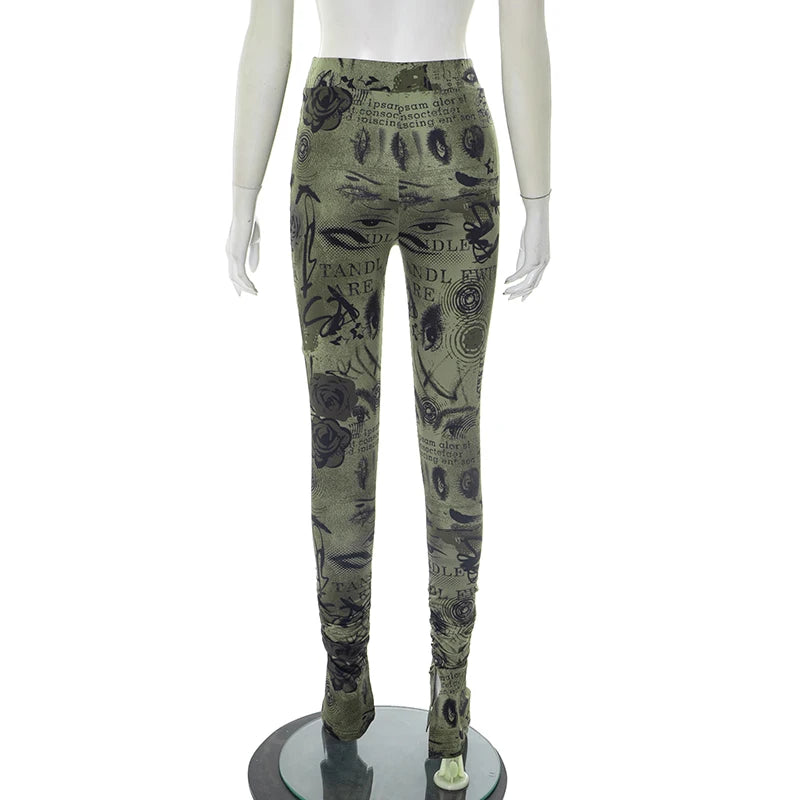 ROVIOO CUTENOVA Women'S Sexy Skinny Slit Abstract Letter Printed High Waist Stretchy Small Leg Split Shrinking Pleated Hem Casual Pants