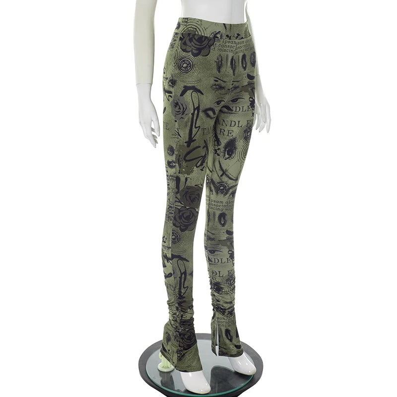 ROVIOO CUTENOVA Women'S Sexy Skinny Slit Abstract Letter Printed High Waist Stretchy Small Leg Split Shrinking Pleated Hem Casual Pants