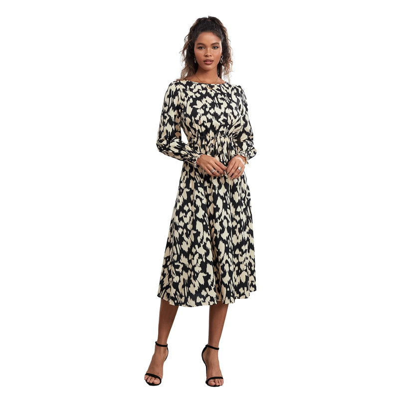 Rovioo Abstract Print Tie-Waist Midi Dress