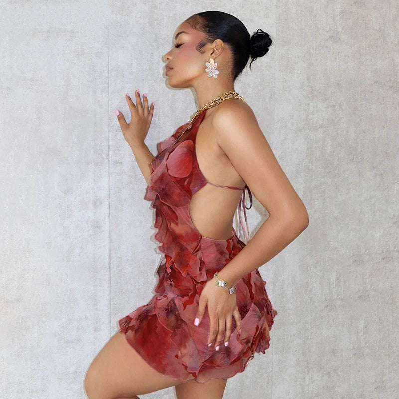 ROVIOO CUTENOVA Floral Ruffle Halter Romper