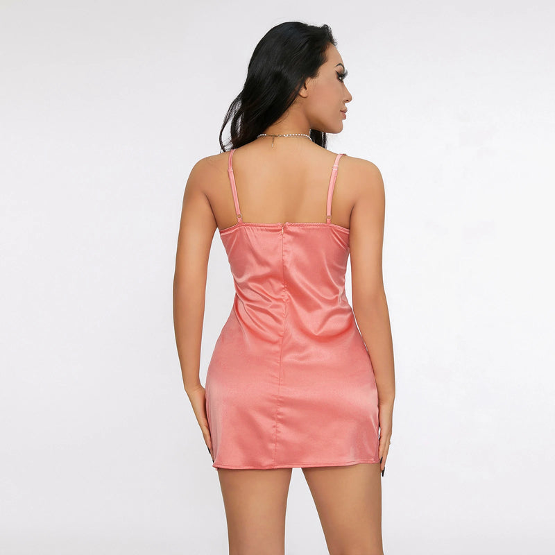 Rovioo Satin Mini Dress with 3D Floral Embellished Straps