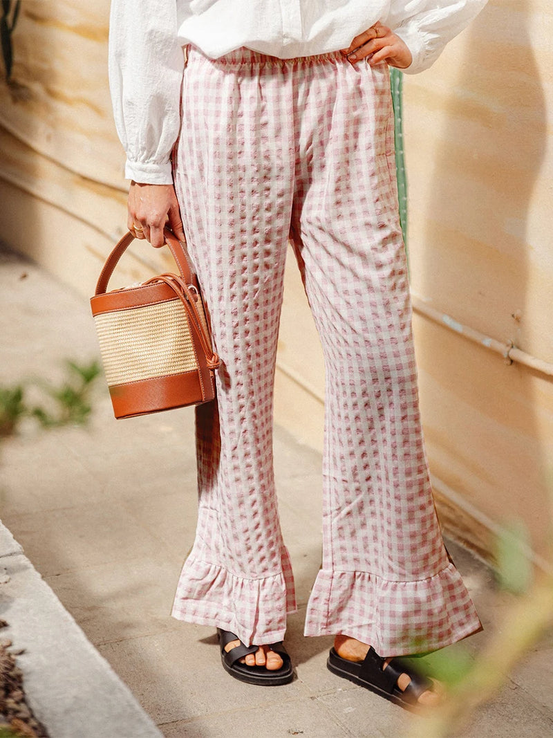 Pink Gingham Flare Pants with Ruffle Hem