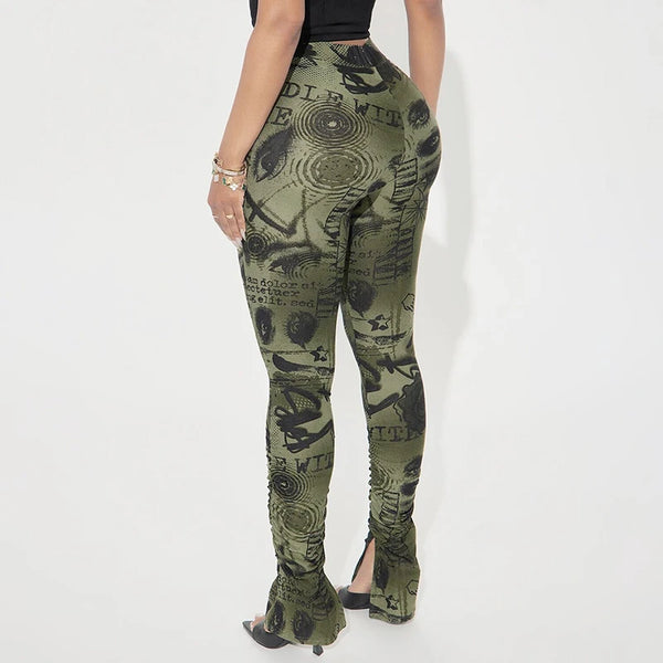 ROVIOO CUTENOVA Women'S Sexy Skinny Slit Abstract Letter Printed High Waist Stretchy Small Leg Split Shrinking Pleated Hem Casual Pants