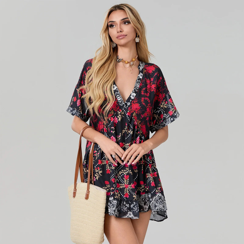 Rovioo Bohemian Floral Print Mini Dress