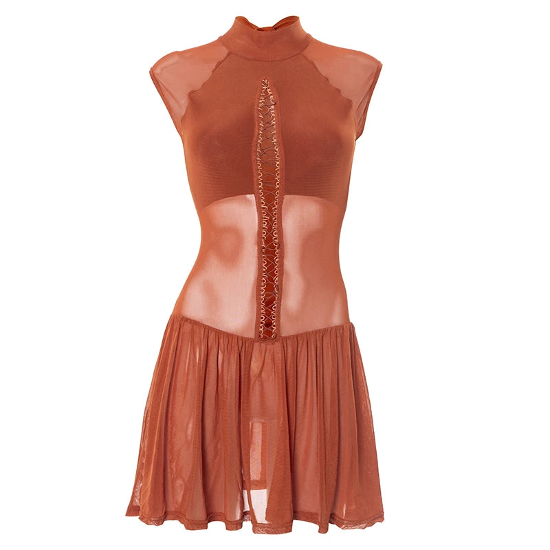 ROVIOO CUTENOVA Women'S Sexy Half High Neck Short Sleeve Chest Wear Rope Hollow Out Lace-Up Patchwork Mesh Yarn Pleated Short Dresses