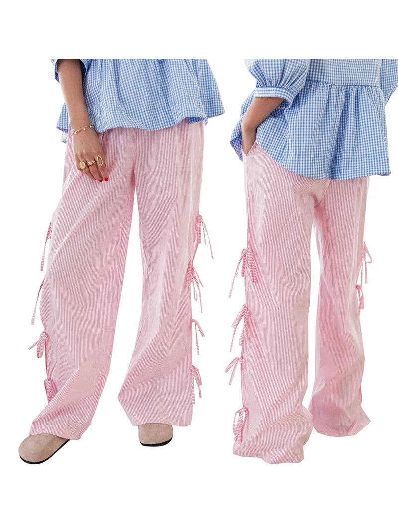 Blue Gingham Wide-Leg Pants with Side Tie Details