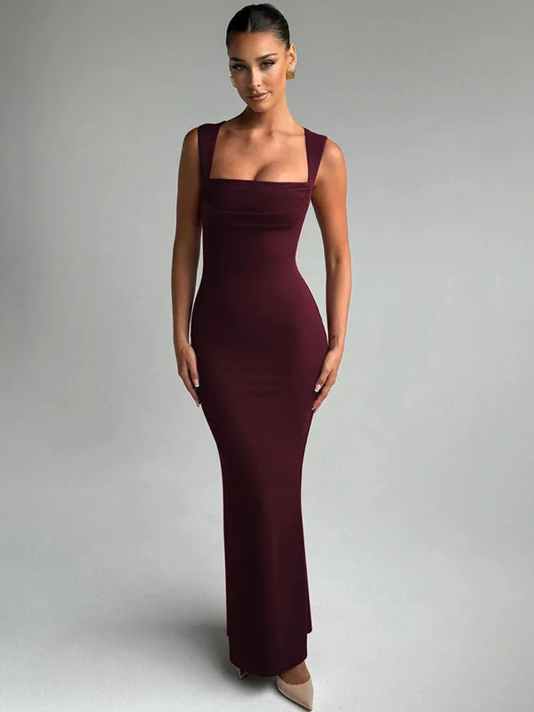 Rovioo Elegant Burgundy Square Neck Bodycon Maxi Dress