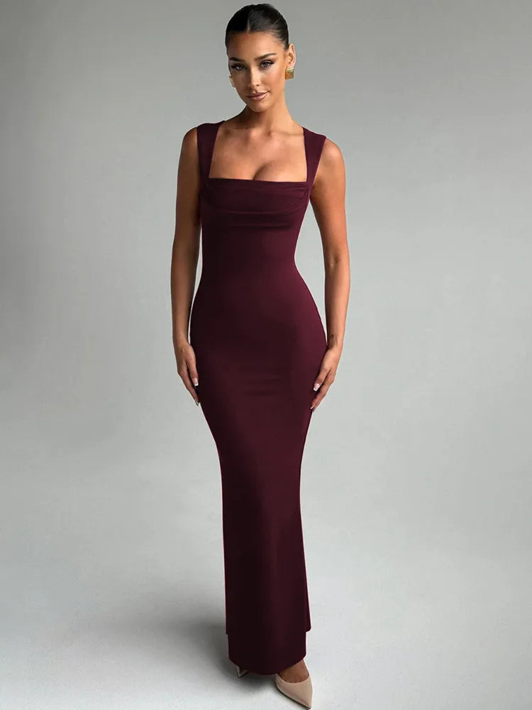 Rovioo Elegant Burgundy Square Neck Bodycon Maxi Dress