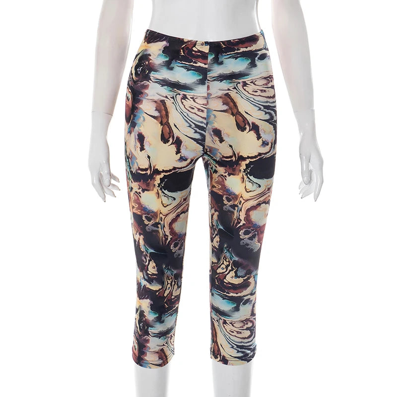 ROVIOO CUTENOVA Women'S Sexy Skinny Abstract Pattern Printed Elastic High Waisted Hip Wrap Elastic Seven Points Casual Sporty Pants