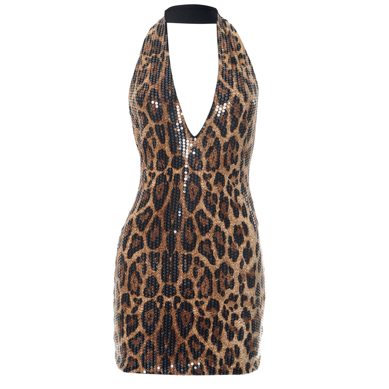 ROVIOO CUTENOVA Sparkle Leopard Print Halter Mini Dress