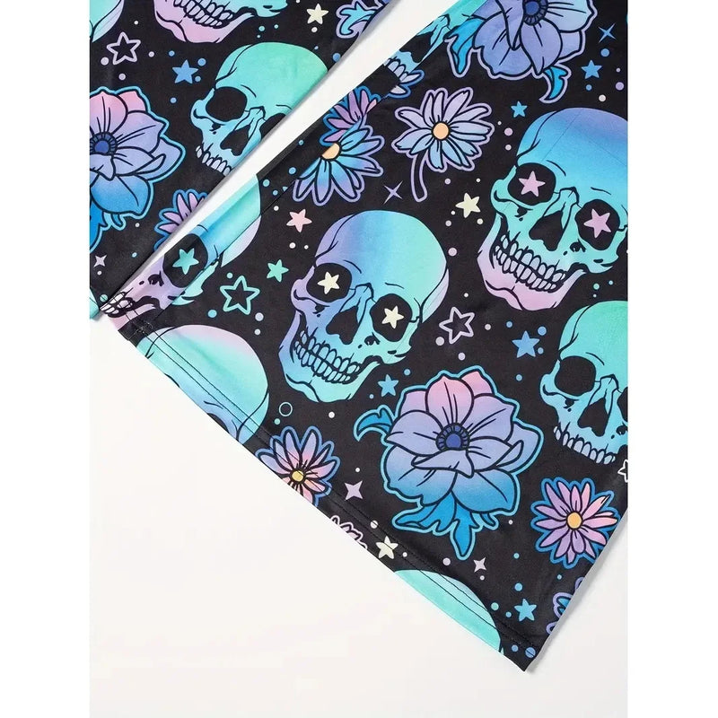 ROVIOO Plus Size Halloween Skull Floral Print High-Waist Wide-Leg Pants for Women