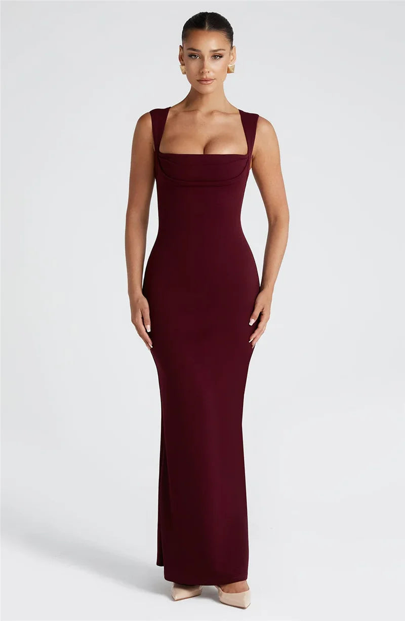 Rovioo Elegant Burgundy Square Neck Bodycon Maxi Dress
