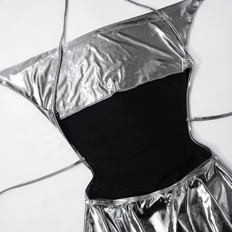 ROVIOO CUTENOVA Metallic Silver Halter Mini Dress