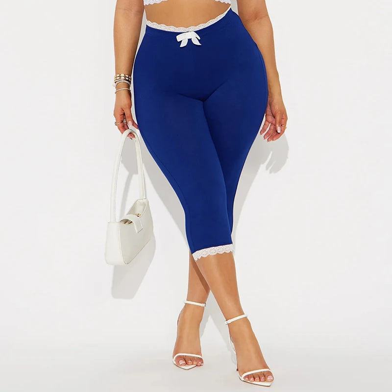 ROVIOO CUTENOVA Sexy Hottie Lace Edge Bow Decoration Leopard Print Slim Seven Pants Summer New Women'S Fashion Street Casual Seven Pant