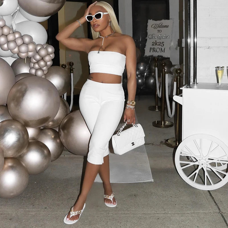 ROVIOO  CUTENOVA Women Spring Summer Solid Color Strapless Set Of Pullover Crop Tank Top + Elastic Waist Open Seven Pants Causal Sets