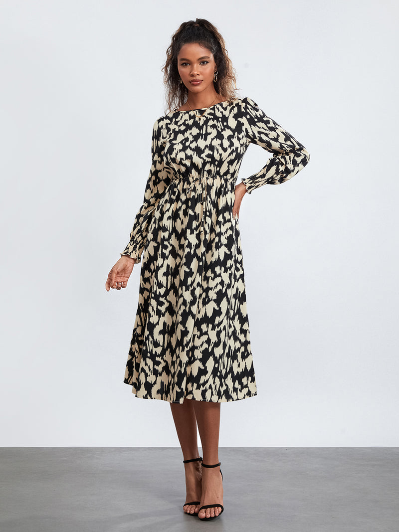 Rovioo Abstract Print Tie-Waist Midi Dress