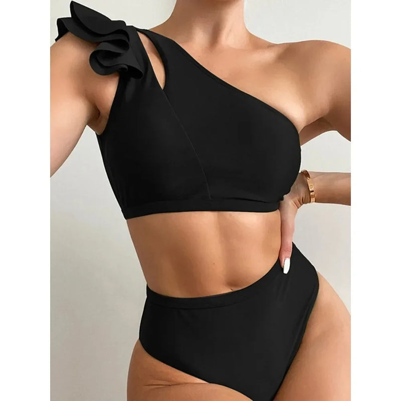 Rovioo One-Shoulder Ruffle Bikini Set