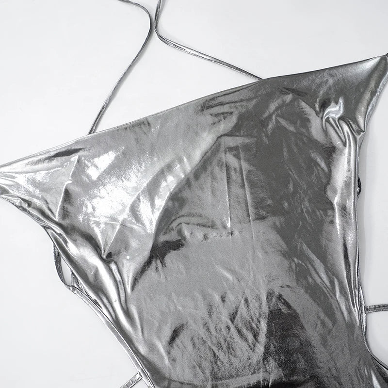 ROVIOO CUTENOVA Metallic Silver Halter Mini Dress