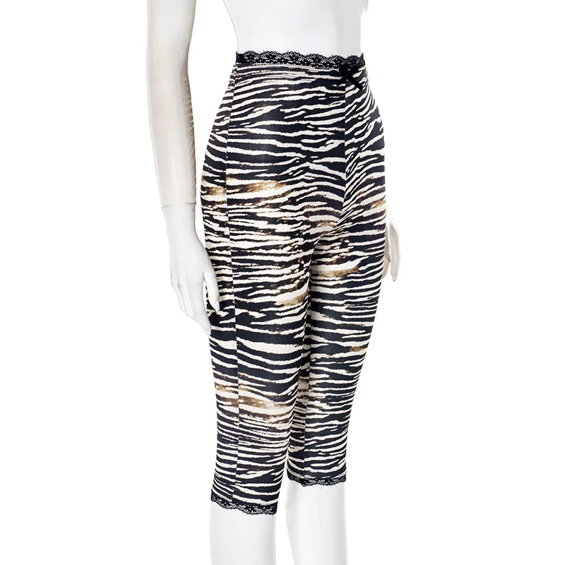 ROVIOO CUTENOVA Sexy Hottie Lace Edge Bow Decoration Leopard Print Slim Seven Pants Summer New Women'S Fashion Street Casual Seven Pant