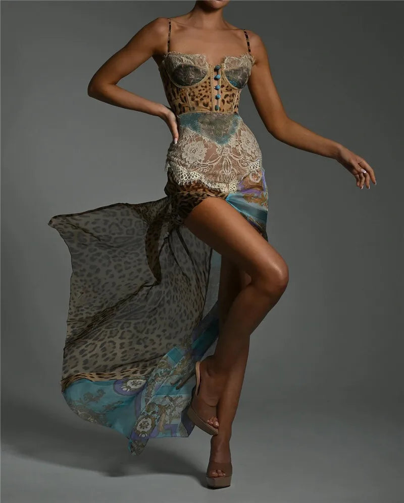 Rovioo Bold Mixed Print Corset Maxi Dress