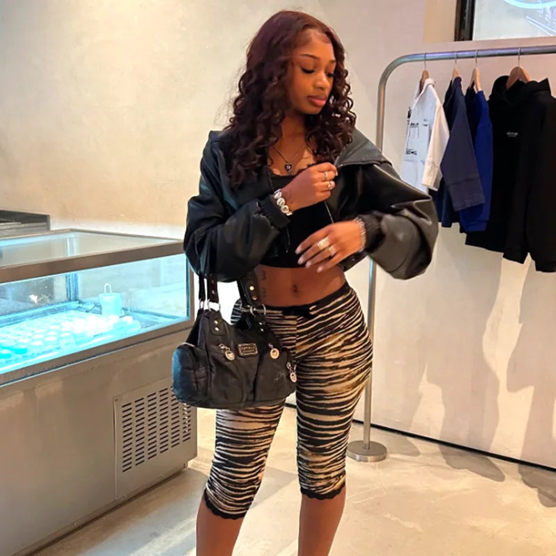 ROVIOO CUTENOVA Sexy Hottie Lace Edge Bow Decoration Leopard Print Slim Seven Pants Summer New Women'S Fashion Street Casual Seven Pant