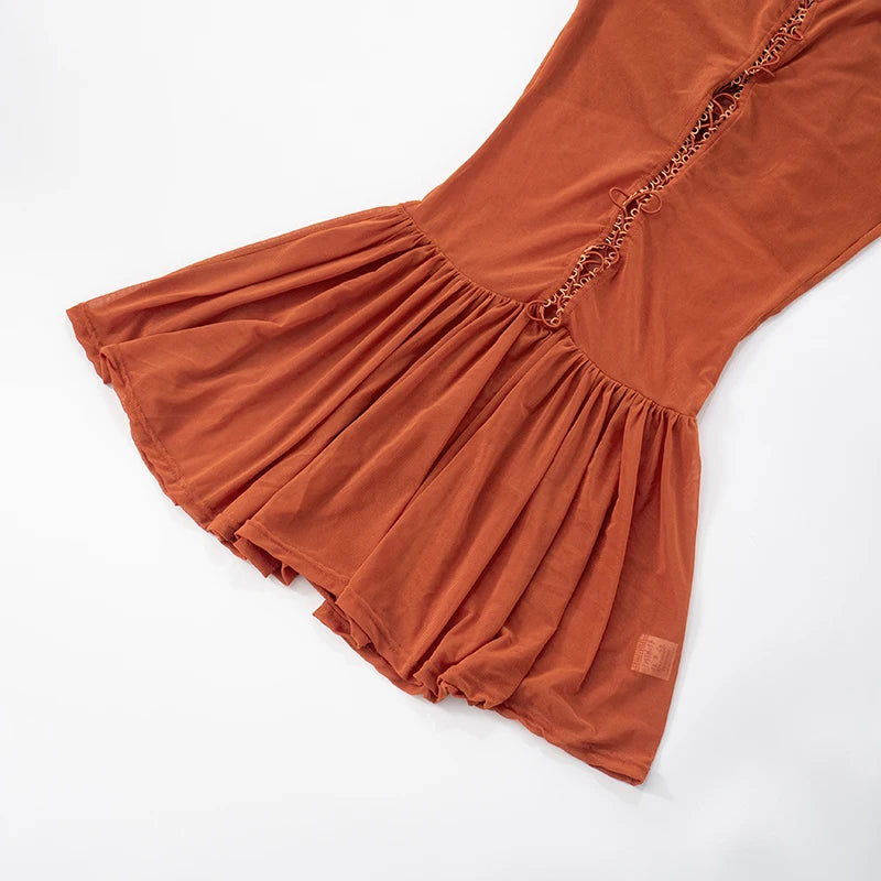 ROVIOO CUTENOVA Women'S Sexy Half High Neck Short Sleeve Chest Wear Rope Hollow Out Lace-Up Patchwork Mesh Yarn Pleated Short Dresses