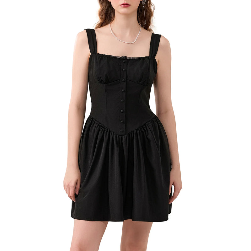 Rovioo Black Linen Button-Front Mini Dress