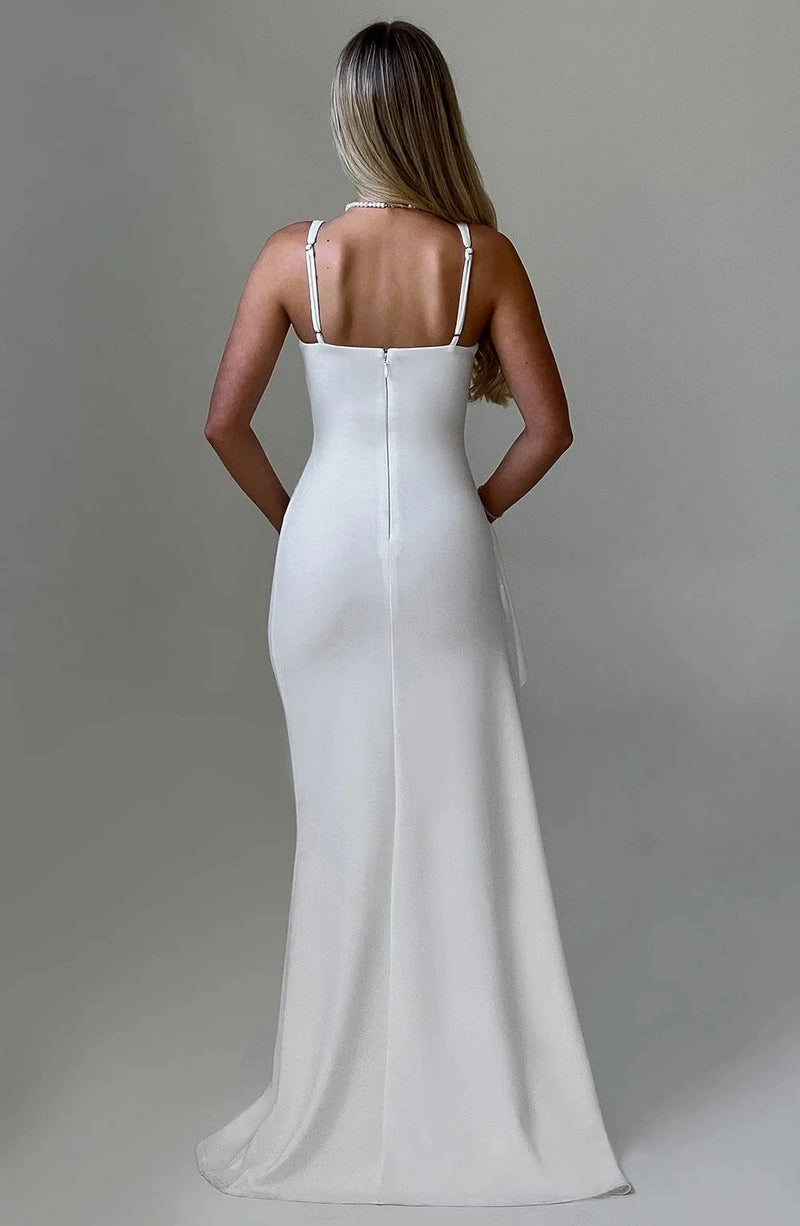 Rovioo White Bodycon Maxi Dress with Deep V-Neck
