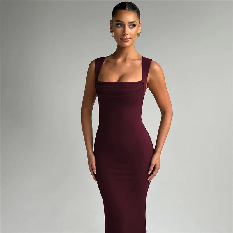 Rovioo Elegant Burgundy Square Neck Bodycon Maxi Dress