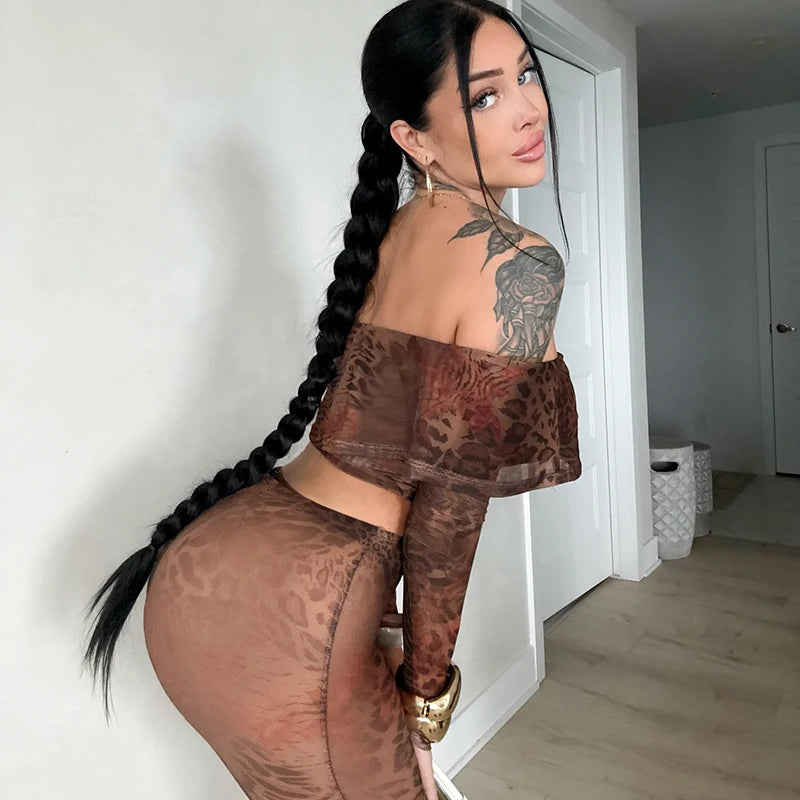 Rovioo CUTENOVA Women’s Floral Leopard Mesh Two-Piece Set