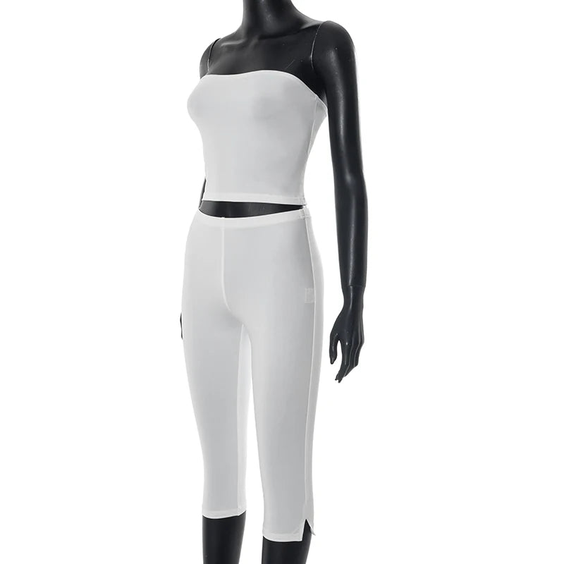 ROVIOO  CUTENOVA Women Spring Summer Solid Color Strapless Set Of Pullover Crop Tank Top + Elastic Waist Open Seven Pants Causal Sets