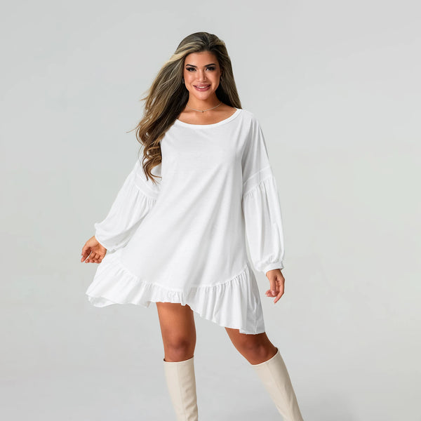 Rovioo White Asymmetric Ruffle Hem Dress with Balloon Sleeves