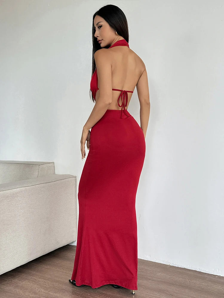 Rovioo Sultry Red Cutout Halter Maxi Dress