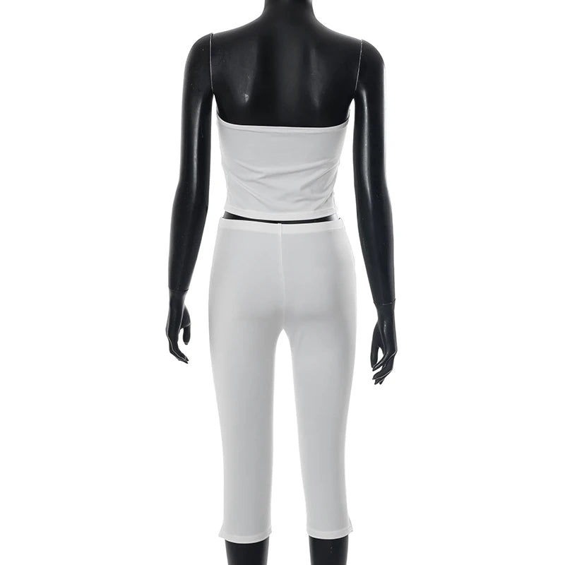 ROVIOO  CUTENOVA Women Spring Summer Solid Color Strapless Set Of Pullover Crop Tank Top + Elastic Waist Open Seven Pants Causal Sets