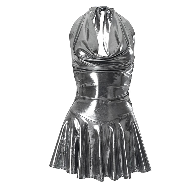 ROVIOO CUTENOVA Metallic Silver Halter Mini Dress