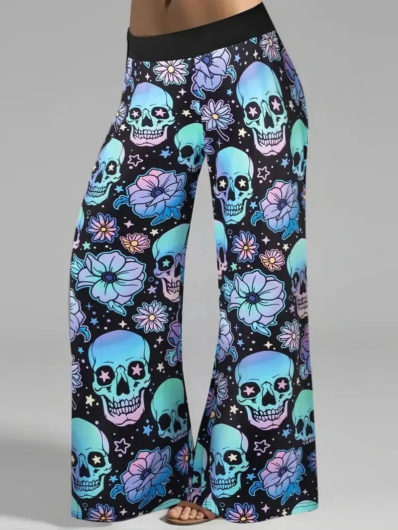 ROVIOO Plus Size Halloween Skull Floral Print High-Waist Wide-Leg Pants for Women