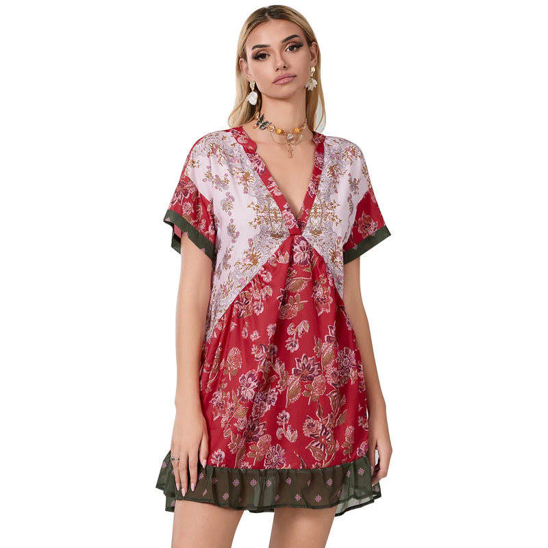 Rovioo Bohemian Floral Print Mini Dress